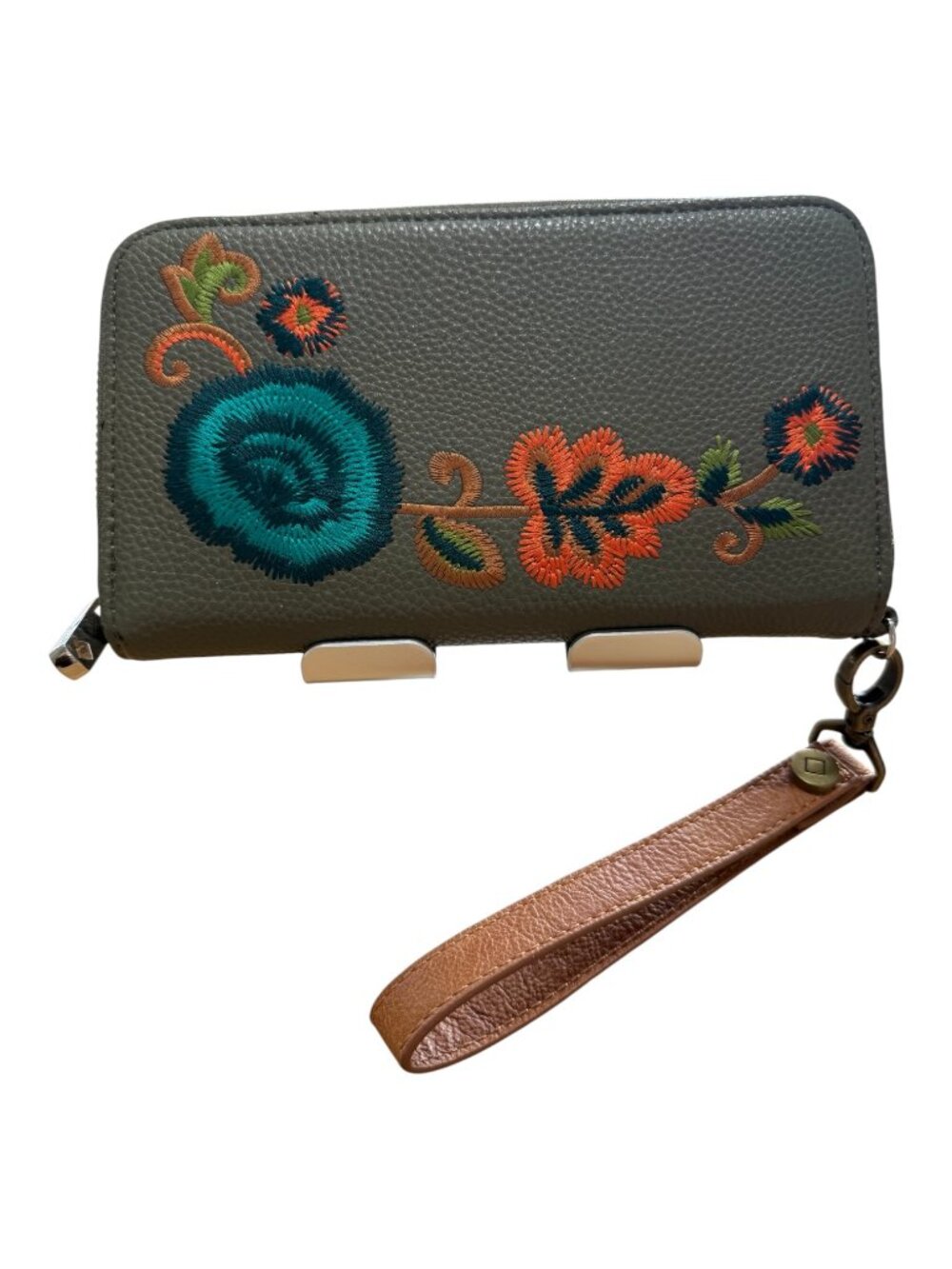 Thirty-One All About the Benjamins Olive Floral Embroidered Wallet Wrist Strap